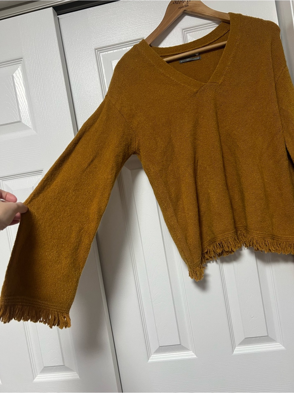 NWT Anthropologie Joy Fringe V-Neck Sweater Mustard Yellow Size Small - Picture 6 of 7